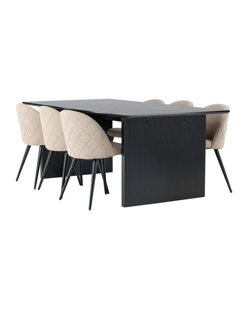 Vail & Velvet Essgruppe mit schwarzem Esstisch und 6 gepolsterten Stühlen in Beige, Gestell Schwarz, Ansicht 6