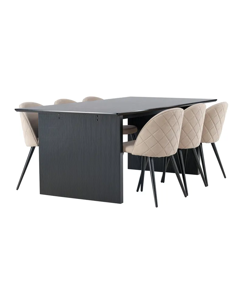 Vail & Velvet Essgruppe mit schwarzem Esstisch und 6 gepolsterten Stühlen in Beige, Gestell Schwarz, Ansicht 8