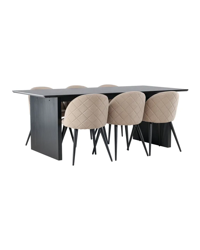 Vail & Velvet Essgruppe mit schwarzem Esstisch und 6 gepolsterten Stühlen in Beige, Gestell Schwarz, Ansicht 9