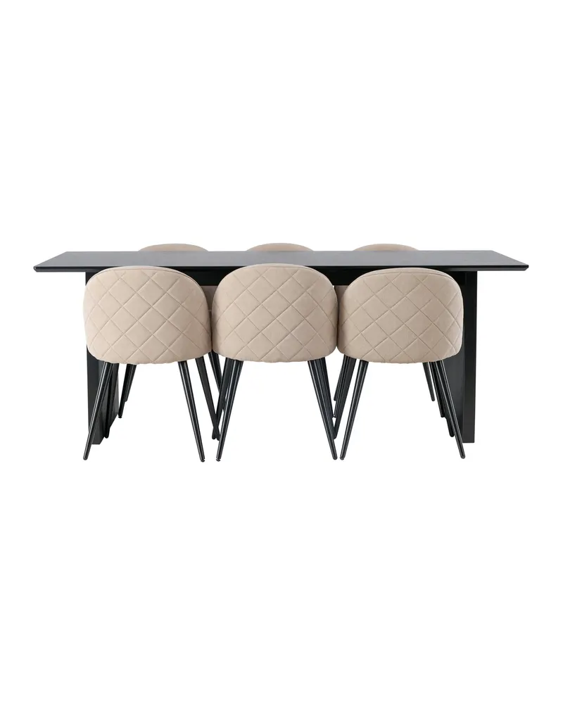 Vail & Velvet Essgruppe mit schwarzem Esstisch und 6 gepolsterten Stühlen in Beige, Gestell Schwarz, Ansicht 10