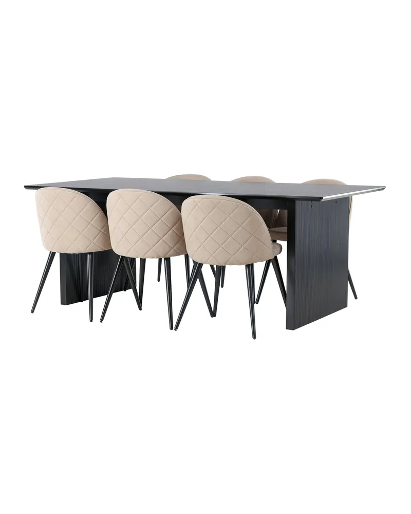 Vail & Velvet Essgruppe mit schwarzem Esstisch und 6 gepolsterten Stühlen in Beige, Gestell Schwarz, Ansicht 11