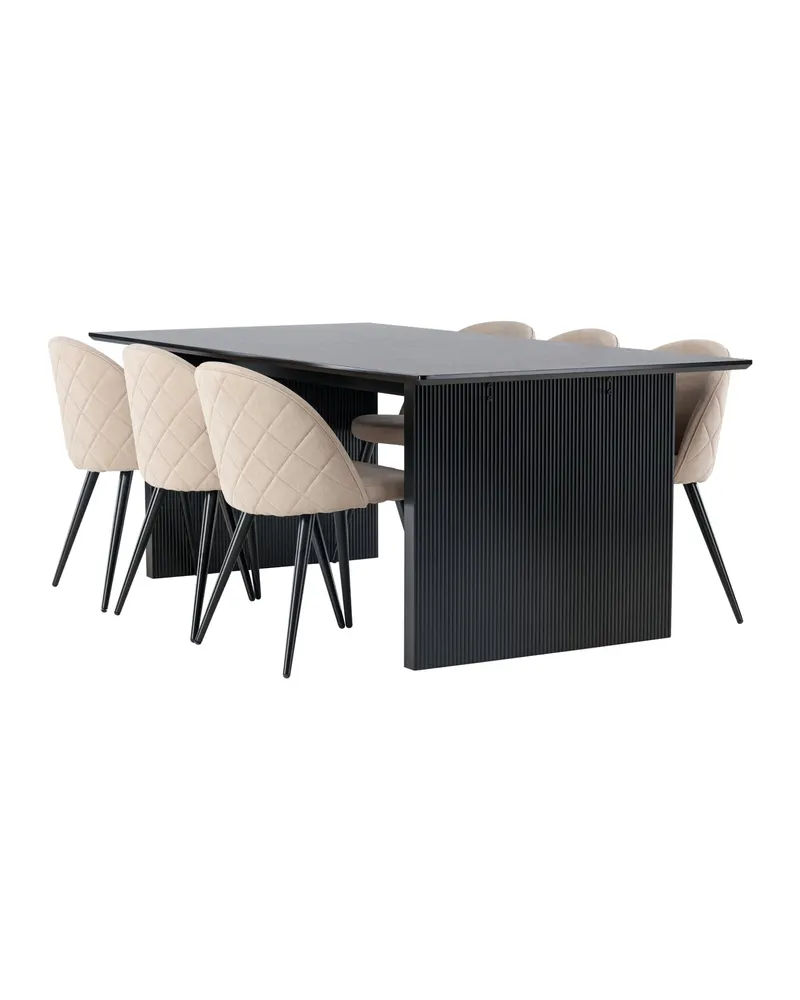 Vail & Velvet Essgruppe mit schwarzem Esstisch und 6 gepolsterten Stühlen in Beige, Gestell Schwarz, Ansicht 12