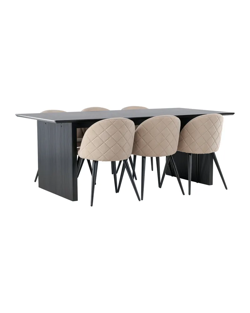 Vail & Velvet Essgruppe mit schwarzem Esstisch und 6 gepolsterten Stühlen in Beige, Gestell Schwarz, Ansicht 2