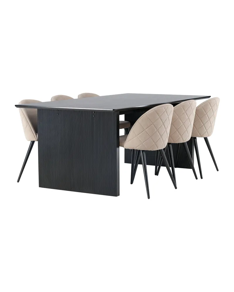 Vail & Velvet Essgruppe mit schwarzem Esstisch und 6 gepolsterten Stühlen in Beige, Gestell Schwarz, Ansicht 3