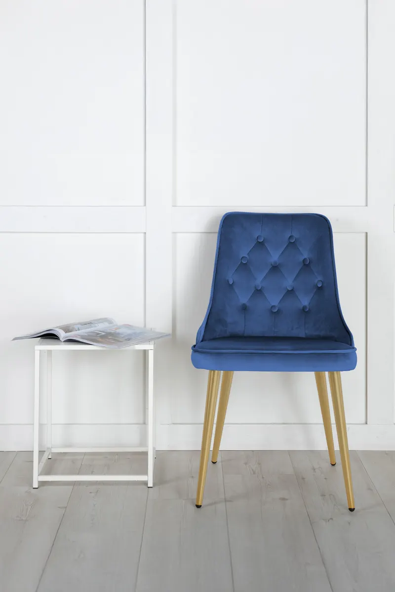 Velvet Deluxe Esszimmerstühle im 2er-Set in Blau, Gestell Gold, Polyester-Samt, im Wohnraum
