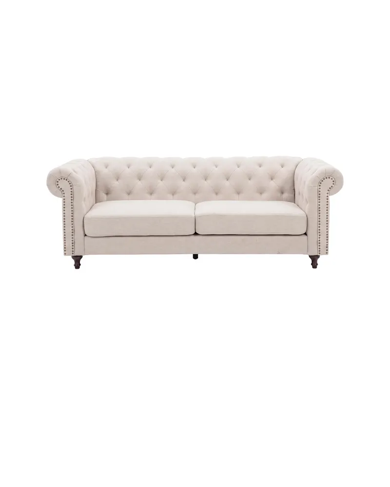 Velvet Chesterfield-Sofa aus Samt mit Knopfheftung, Beige, Gestell Schwarz