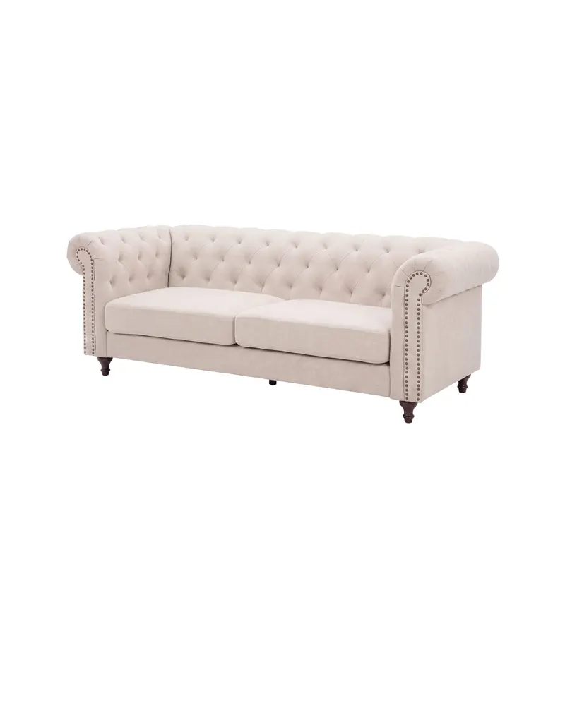 Velvet Chesterfield-Sofa aus Samt mit Knopfheftung in Beige, Gestell Schwarz, Ansicht 2