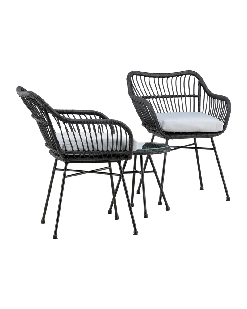 Viga Balkon-Lounge-Set mit zwei Geflechtsesseln und rundem Glastisch, Ansicht 11