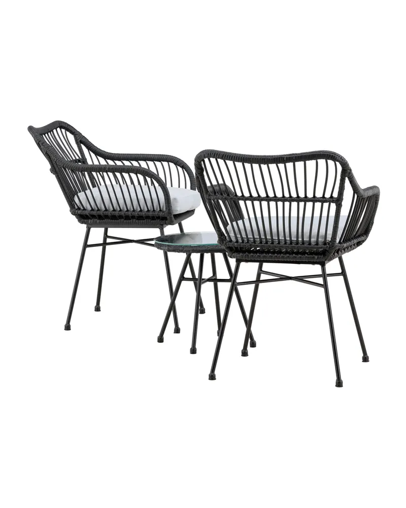 Viga Balkon-Lounge-Set mit zwei Geflechtsesseln und rundem Glastisch, Ansicht 12