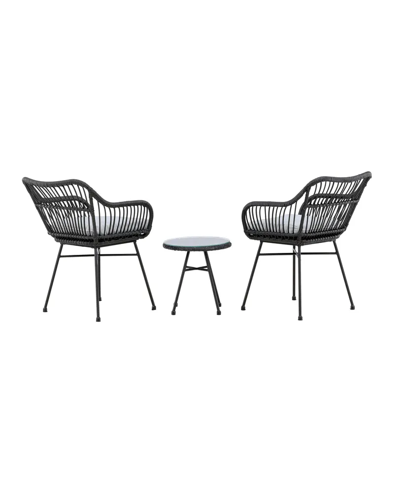 Viga Balkon-Lounge-Set mit zwei Geflechtsesseln und rundem Glastisch, Ansicht 2