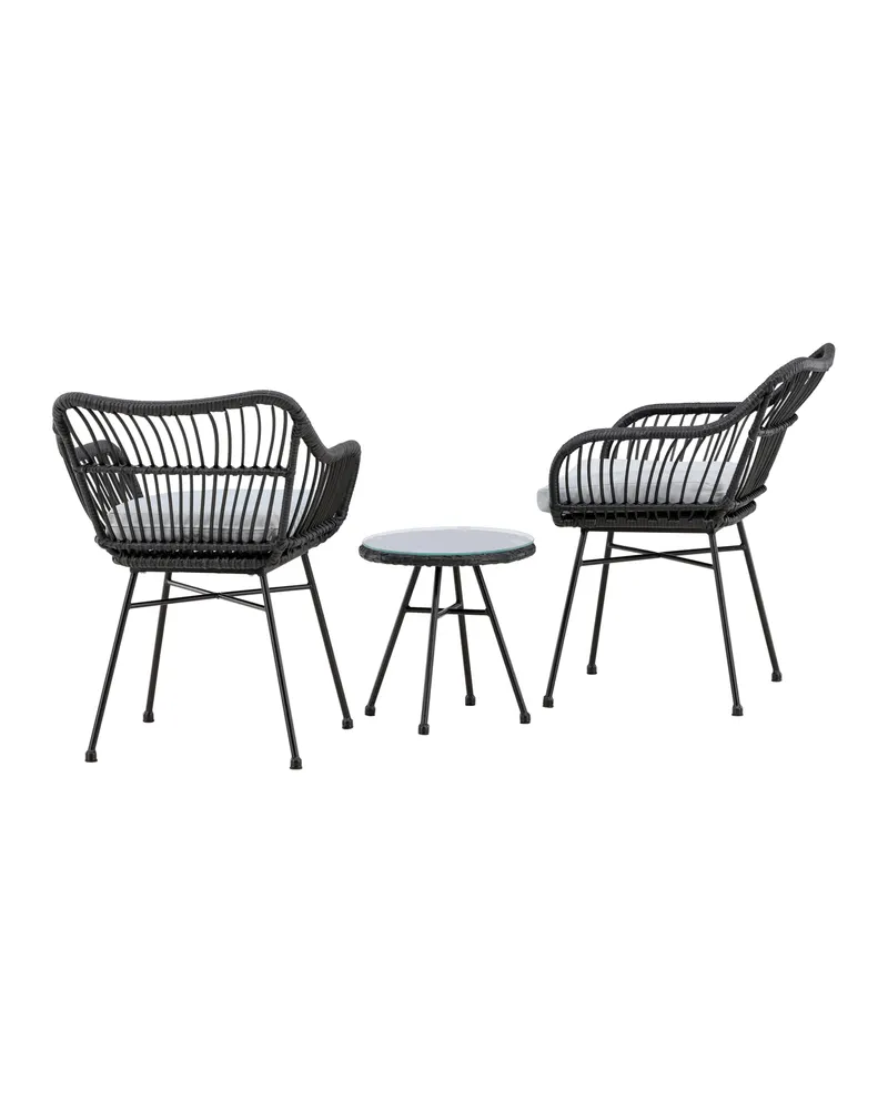 Viga Balkon-Lounge-Set mit zwei Geflechtsesseln und rundem Glastisch, Ansicht 3