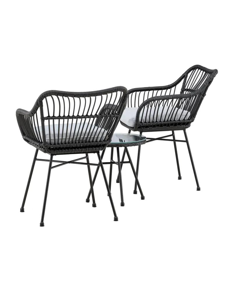 Viga Balkon-Lounge-Set mit zwei Geflechtsesseln und rundem Glastisch, Ansicht 4