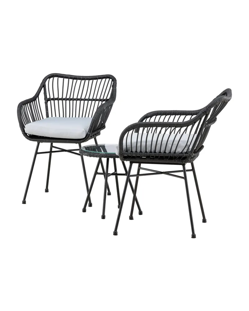 Viga Balkon-Lounge-Set mit zwei Geflechtsesseln und rundem Glastisch, Ansicht 6