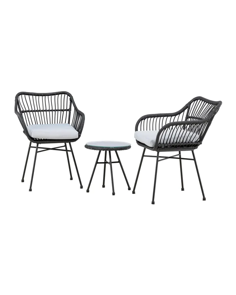 Viga Balkon-Lounge-Set mit zwei Geflechtsesseln und rundem Glastisch, Ansicht 7