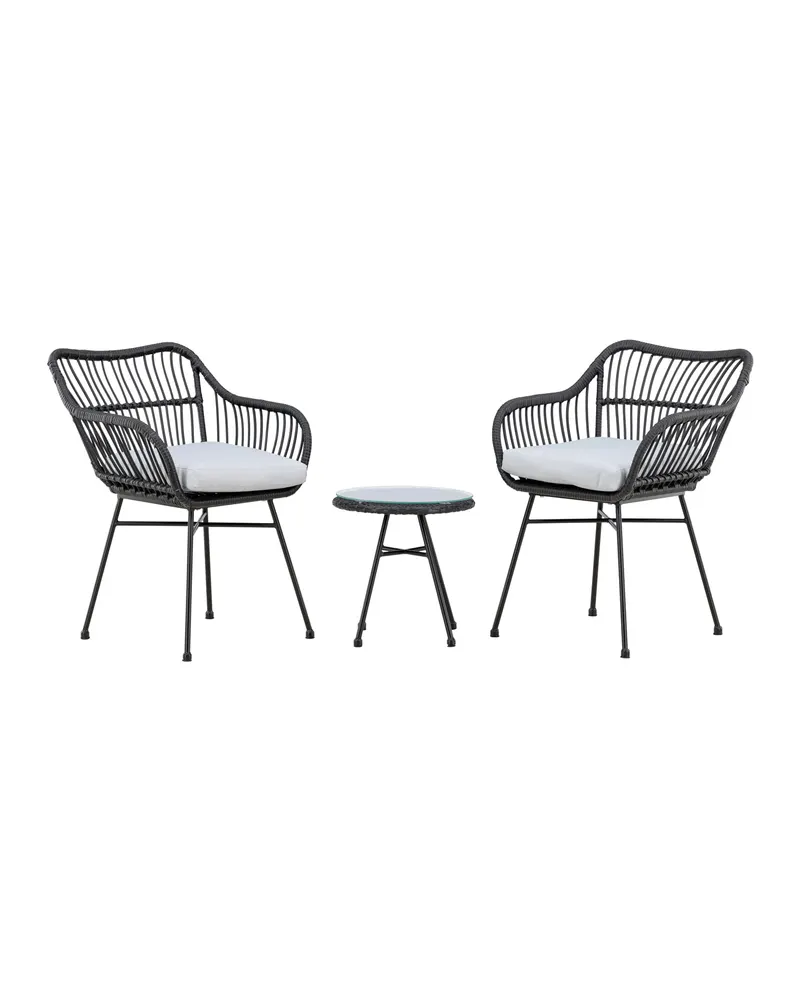 Viga Balkon-Lounge-Set mit zwei Geflechtsesseln und rundem Glastisch, Ansicht 8