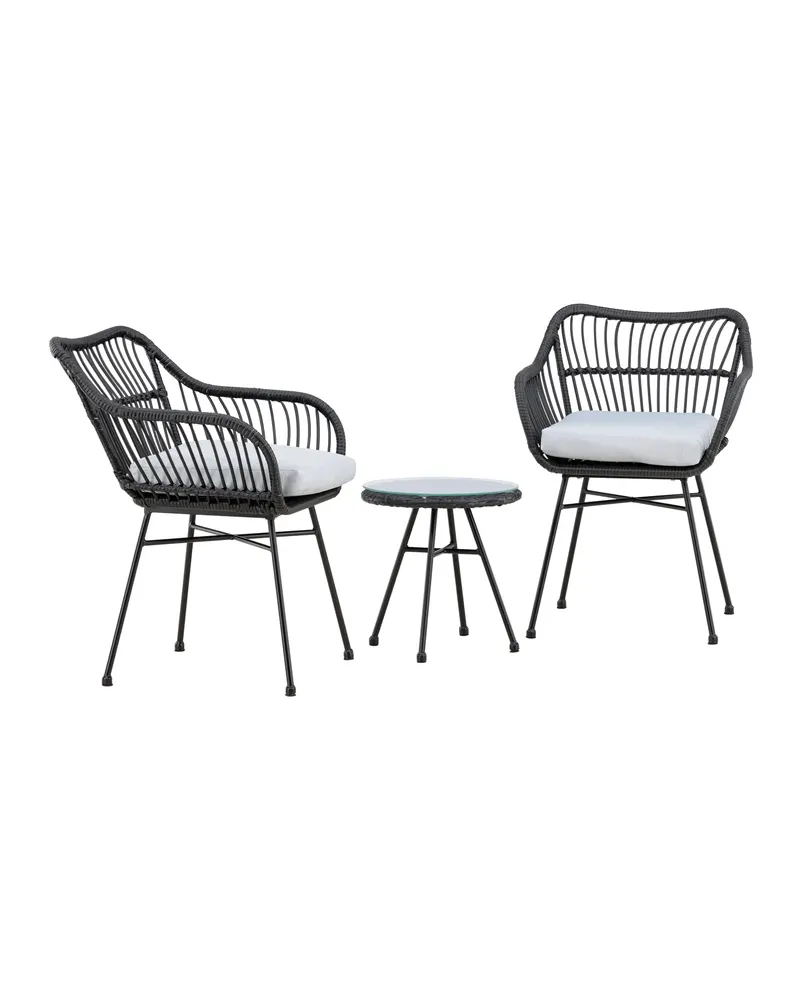 Viga Balkon-Lounge-Set mit zwei Geflechtsesseln und rundem Glastisch, Ansicht 9