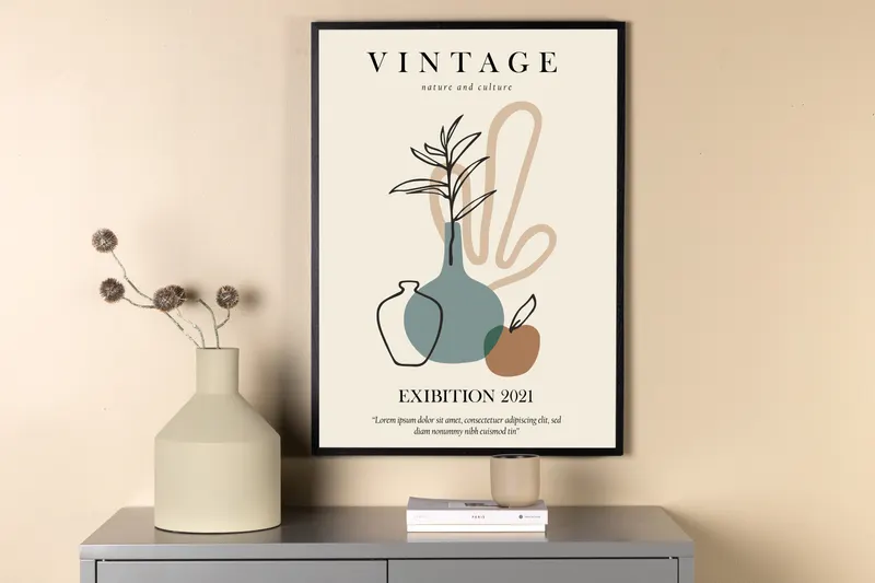 Vintage Poster mit Illustration von Vasen und Schriftzug in 70 × 50 cm, im Wohnraum, Ansicht 2