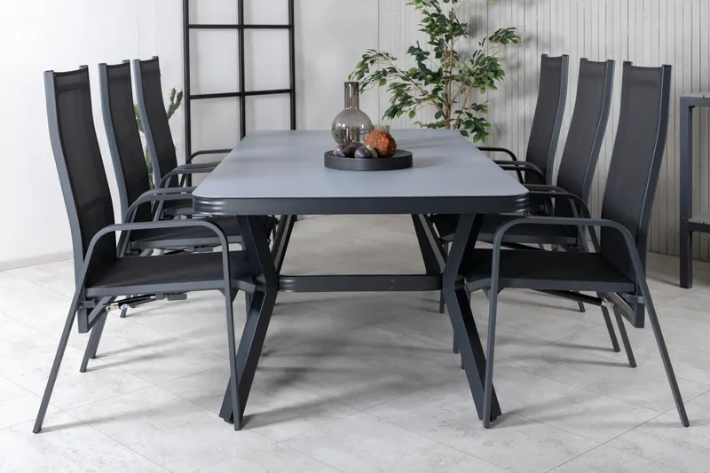 Virya & Copacabana Gartenmöbel-Set mit Glastisch und 6 Sesseln in Schwarz / Grau, Gestell Schwarz, im Wohnraum, Ansicht 1