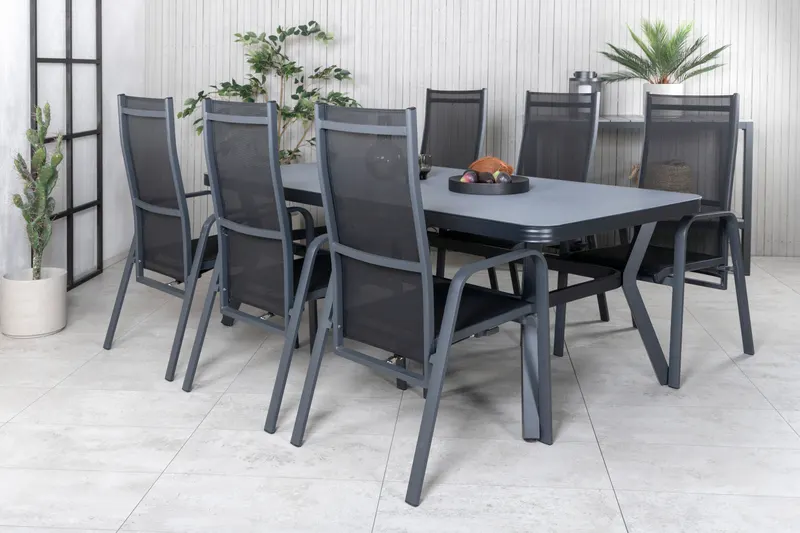 Virya & Copacabana Gartenmöbel-Set mit Glastisch und 6 Sesseln in Schwarz / Grau, Gestell Schwarz, im Wohnraum, Ansicht 2