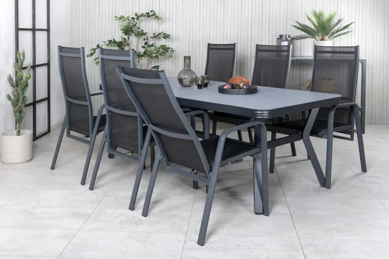 Virya & Copacabana Gartenmöbel-Set mit Glastisch und 6 Sesseln in Schwarz / Grau, Gestell Schwarz, im Wohnraum, Ansicht 3