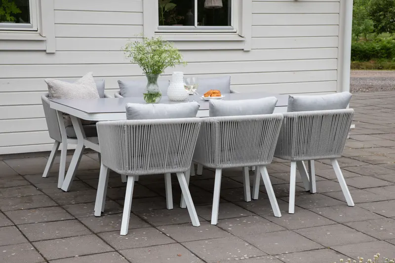 Virya & Virya Gartenmöbel-Set mit Glastisch und 6 Seilstühlen in Transparent, Gestell Weiß, Grau, im Wohnraum, Ansicht 1