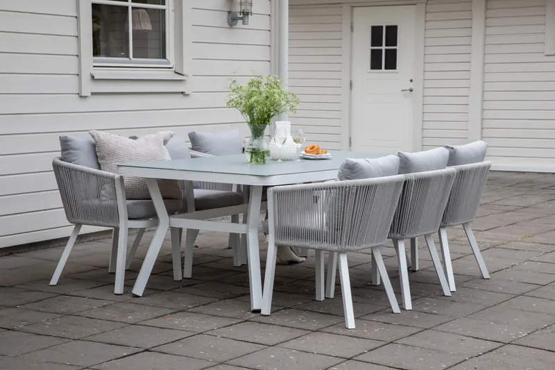 Virya & Virya Gartenmöbel-Set mit Glastisch und 6 Seilstühlen in Transparent, Gestell Weiß, Grau, im Wohnraum, Ansicht 2