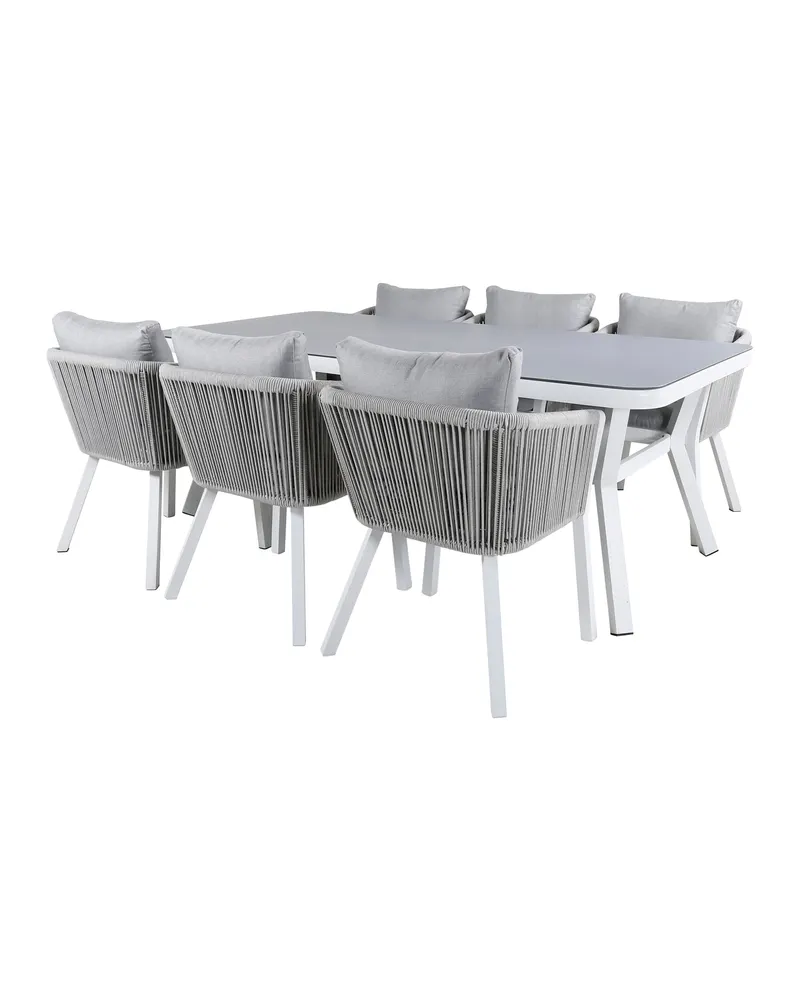 Virya & Virya Gartenmöbel-Set mit Glastisch und 6 Seilstühlen in Transparent, Gestell Weiß, Grau, Ansicht 2