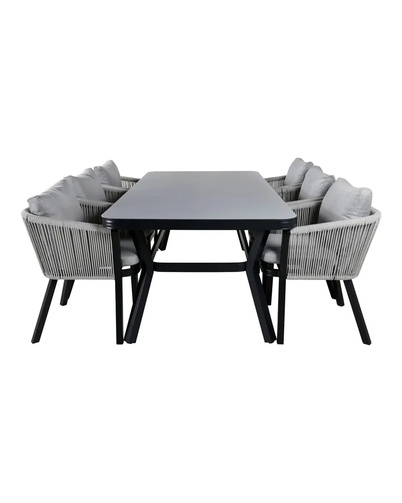 Virya & Virya Gartenmöbel-Set mit Glastisch und 6 Seilstühlen in Schwarz / Grau, Gestell Schwarz, Hellgrau, Ansicht 1