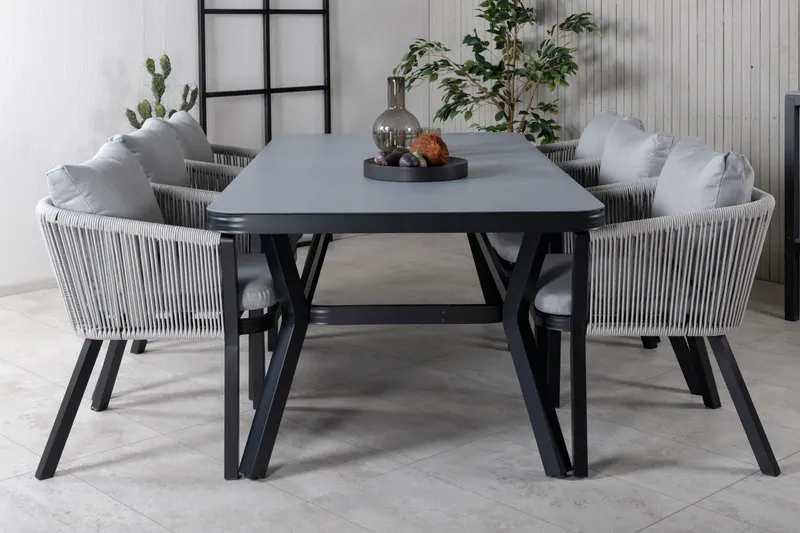 Virya & Virya Gartenmöbel-Set mit Glastisch und 6 Seilstühlen in Schwarz / Grau, Gestell Schwarz, Hellgrau, im Wohnraum, Ansicht 1