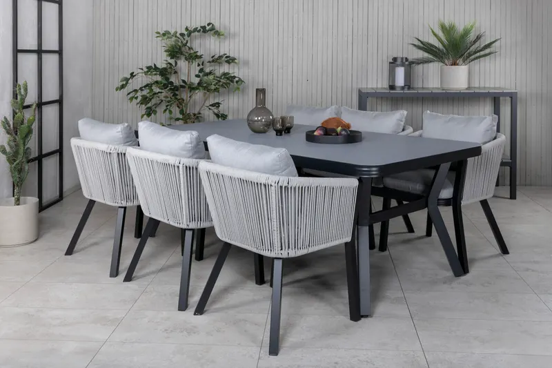 Virya & Virya Gartenmöbel-Set mit Glastisch und 6 Seilstühlen in Schwarz / Grau, Gestell Schwarz, Hellgrau, im Wohnraum, Ansicht 2