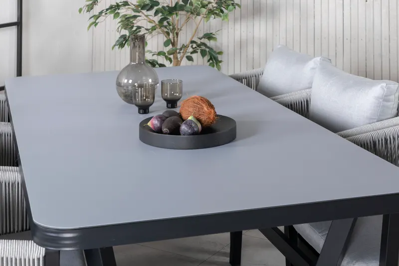 Virya & Virya Gartenmöbel-Set mit Glastisch und 6 Seilstühlen in Schwarz / Grau, Gestell Schwarz, Hellgrau, im Wohnraum, Ansicht 3