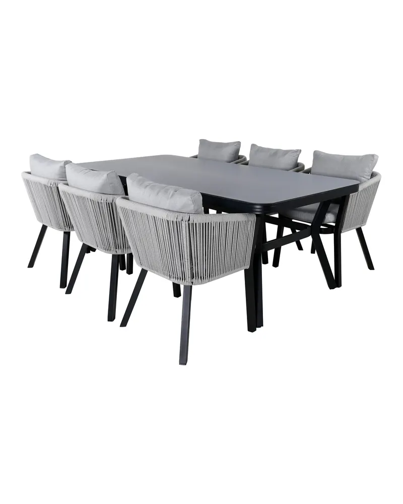 Virya & Virya Gartenmöbel-Set mit Glastisch und 6 Seilstühlen in Schwarz / Grau, Gestell Schwarz, Hellgrau, Ansicht 2