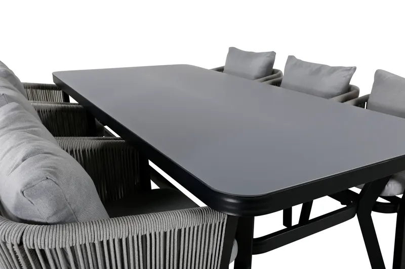 Virya & Virya Gartenmöbel-Set mit Glastisch und 6 Seilstühlen in Schwarz / Grau, Gestell Schwarz, Hellgrau, Ansicht 3