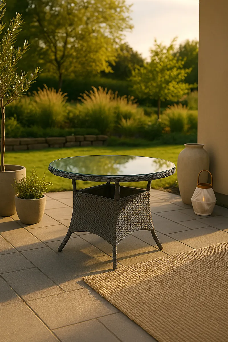 Volta runder Gartentisch mit Glasplatte auf Polyrattan-Gestell, Grau