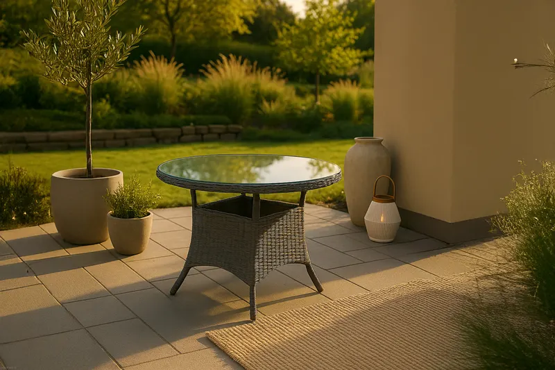 Volta runder Gartentisch mit Glasplatte und Geflecht in Ø 90 cm, Grau, im Wohnraum, Ansicht 4