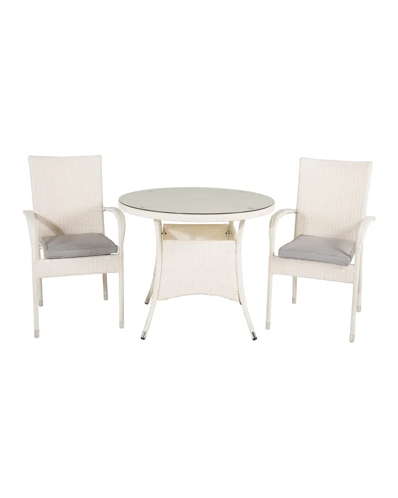 Volta & Anna Gartenmöbel-Set: runder Glastisch Ø 90 cm, 2 Stühle, Weiß, Grau