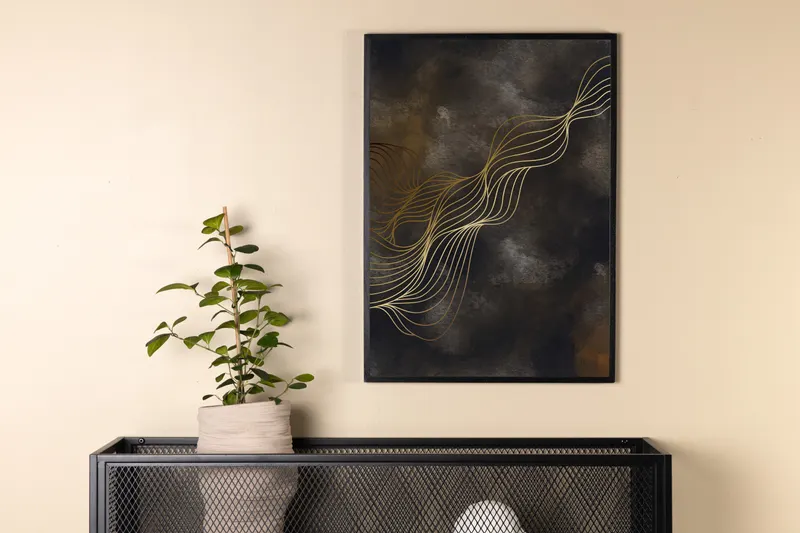 Wave Poster mit feinen Wellenlinien auf dunklem Hintergrund in 30 × 21 cm, im Wohnraum, Ansicht 2