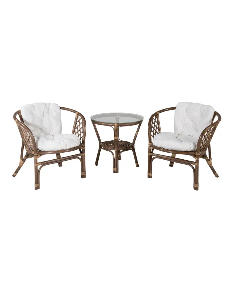 Wera Balkonmöbel-Set aus Rattan mit Glastisch und zwei Sesseln, Dunkles Walnuss, Cremeweiß, Braun
