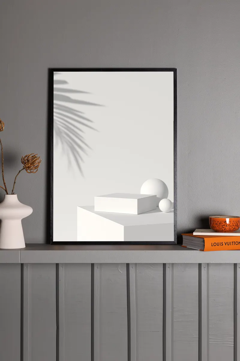 White Box Poster, Stillleben aus Quader, Kugel und Blattschatten, Beige