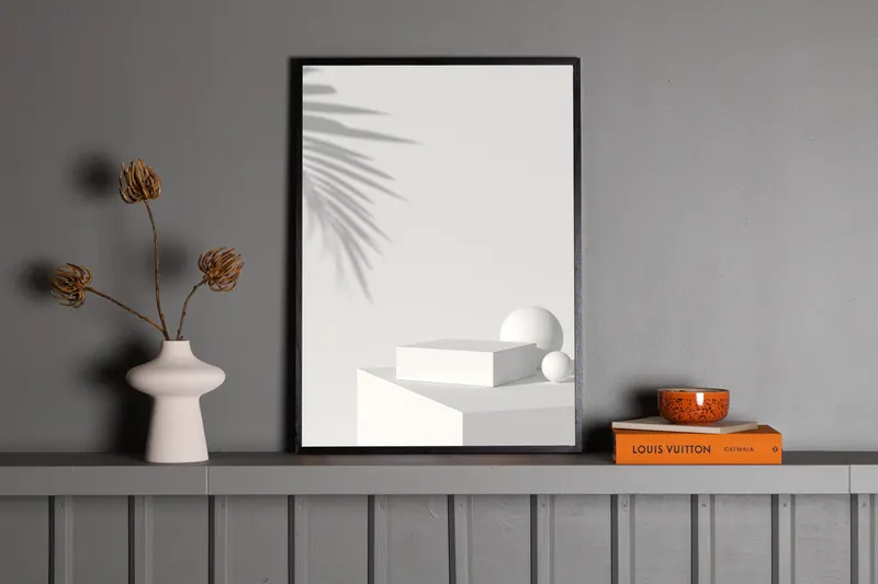 White Box Poster mit Stillleben aus Quader, Kugel und Blattschatten in 100 × 70 cm, im Wohnraum, Ansicht 2