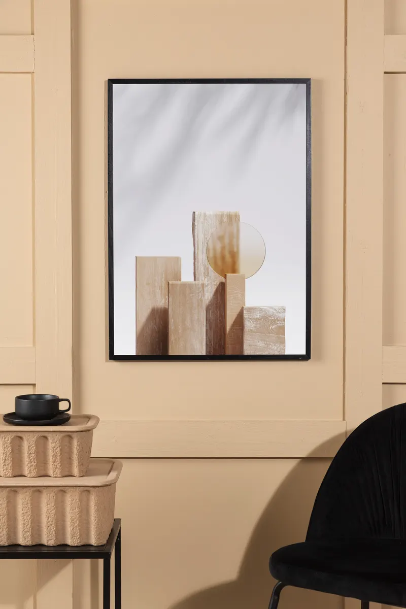 Wooden Blocks Poster mit Holzblöcken und Palmenschatten in 100 × 70 cm, im Wohnraum, Ansicht 1