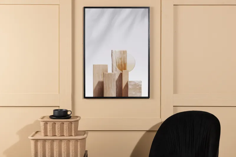 Wooden Blocks Poster mit Holzblöcken und Palmenschatten in 100 × 70 cm, im Wohnraum, Ansicht 2