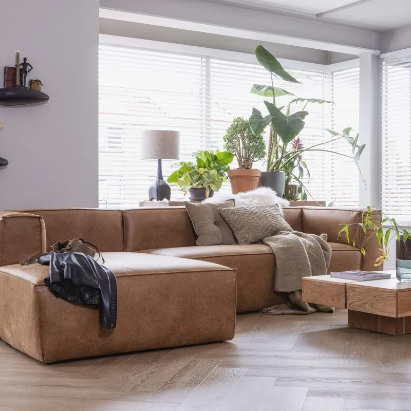 Bean Ecksofa links, Cognac, Lederbezug, im Wohnraum
