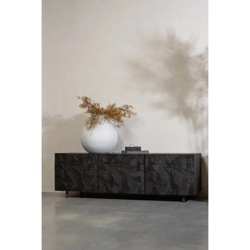 Counter Lowboard mit Schnitzfront, Schwarz, im Wohnraum, Ansicht 1
