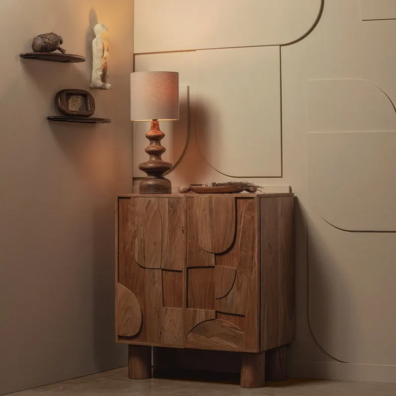 Layer Wandregal-Set aus Mangoholz, Walnuss, im Wohnraum, Ansicht 1