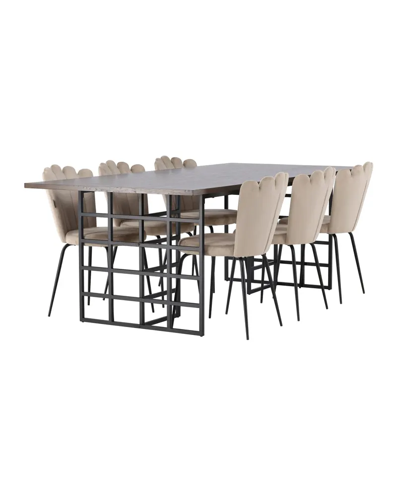 Ystad & Limhamn Essgruppe: Esstisch mit Stühlen in Samt, 220 × 100 cm, Mokka, Schwarz, Beige