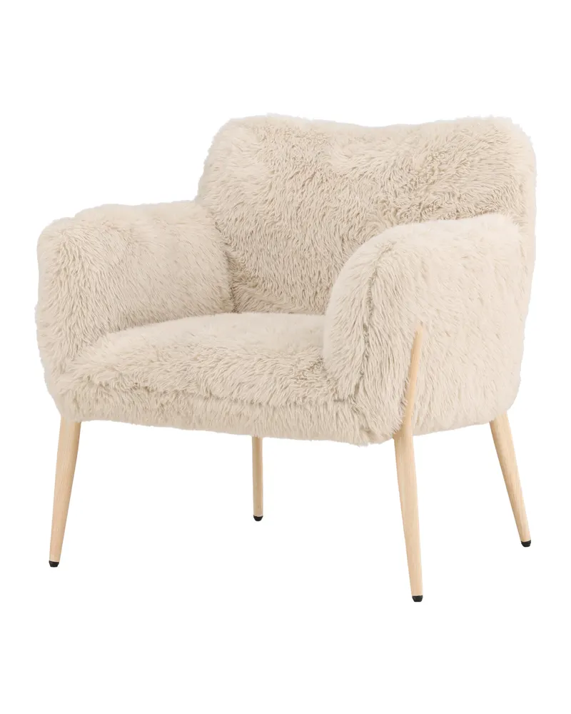 Zenzi Sessel mit Kunstfell in Beige und Beinen in Holzoptik