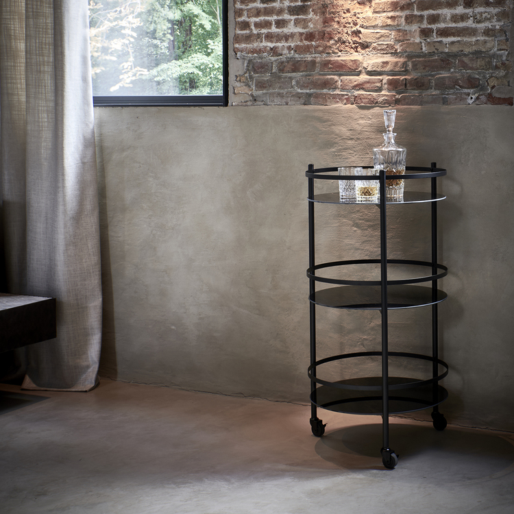 Bar Servierwagen aus Glas und Eisen, Schwarz, 3 Ebenen, H 96 cm, Ansicht 2