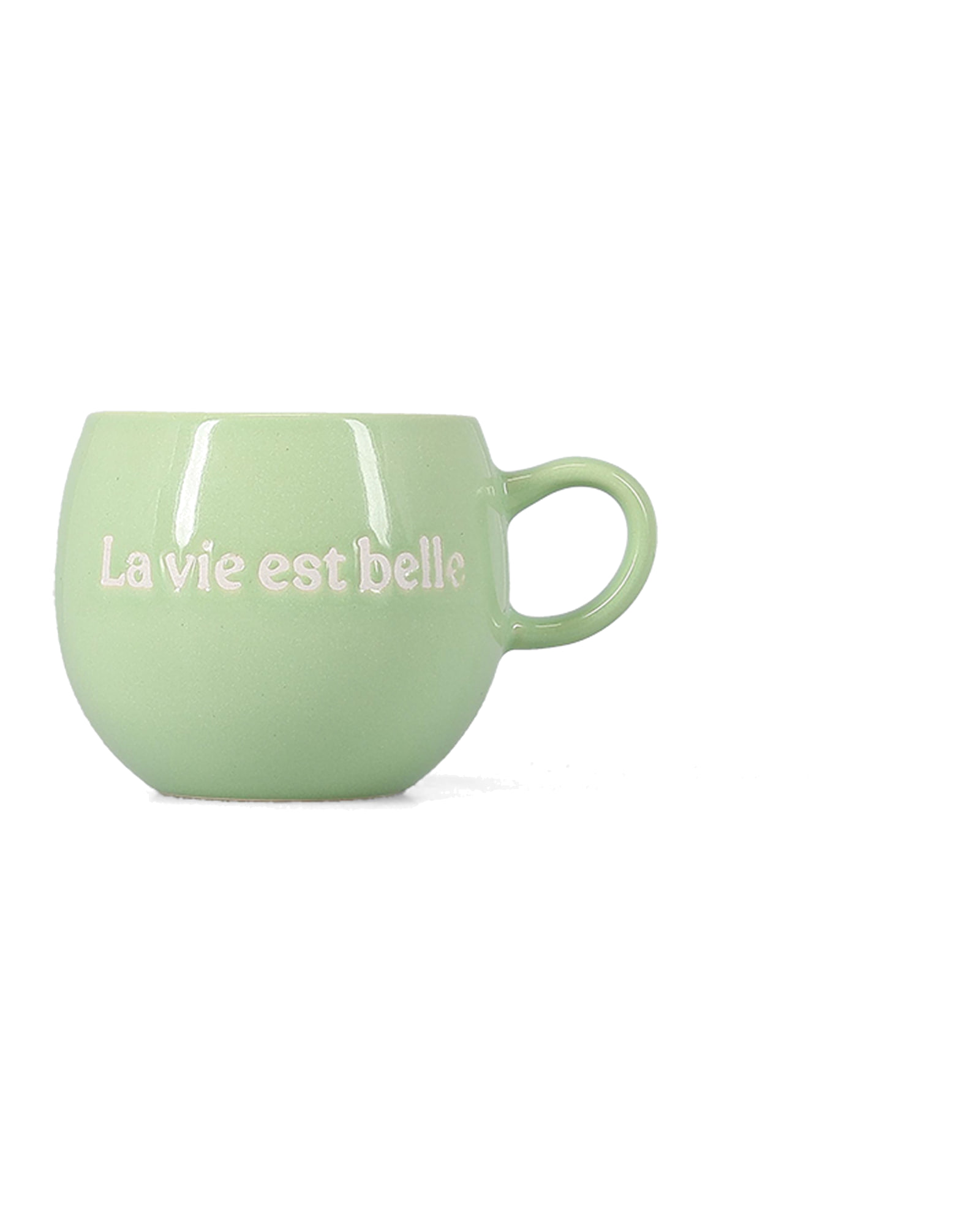 Muggies Becher aus Steinzeug, „La vie est belle“ Grün, 420 ml, Ansicht 1