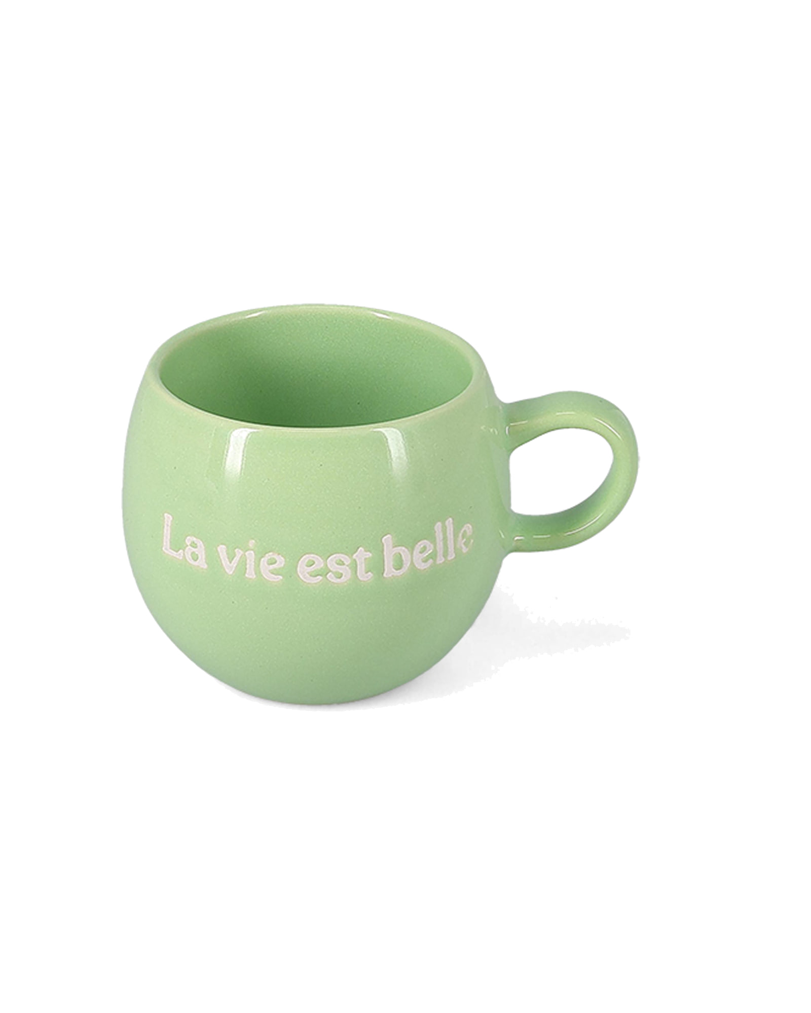 Muggies Becher aus Steinzeug, „La vie est belle“ Grün, 420 ml, Ansicht 2